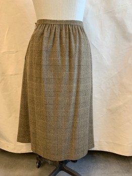 BILL BLASS, Camel Brown, Dk Brown, Taupe, Wool, Plaid, Side Zipper, Stitched Down Box Pleats Front, Gathers Back 2 Pockets,