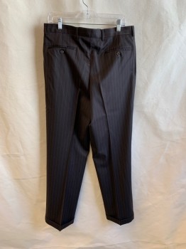 CHAPS, Brown, White, Wool, Stripes - Pin, Side Pockets, Zip Front, Pleats Front