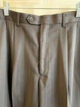 CHAPS, Brown, White, Wool, Stripes - Pin, Side Pockets, Zip Front, Pleats Front