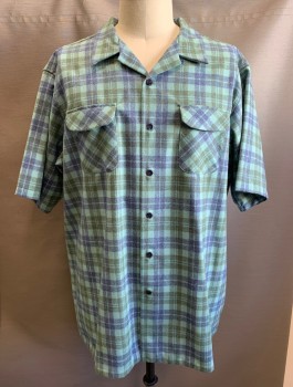 Mens, Casual Shirt, PENDLETON, Aqua Blue, Royal Blue, Olive Green, Wool, Plaid, XXXL T, Flannel, Short Sleeves, Button Front, Collar Attached, 2 Patch Pockets with Flaps