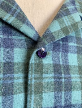 Mens, Casual Shirt, PENDLETON, Aqua Blue, Royal Blue, Olive Green, Wool, Plaid, XXXL T, Flannel, Short Sleeves, Button Front, Collar Attached, 2 Patch Pockets with Flaps