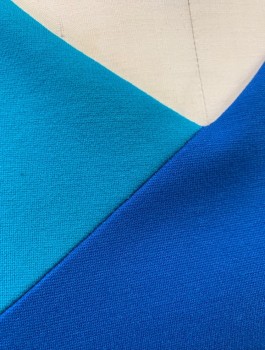 Womens, Dress, Sleeveless, CLASSIQUES ENTIER, Blue, Turquoise Blue, Rayon, Nylon, Color Blocking, Solid, Sz.2, Double Knit Jersey, Panels of Blue and Turquoise Alternating, V-neck, Fitted Sheath, Knee Length