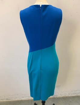 Womens, Dress, Sleeveless, CLASSIQUES ENTIER, Blue, Turquoise Blue, Rayon, Nylon, Color Blocking, Solid, Sz.2, Double Knit Jersey, Panels of Blue and Turquoise Alternating, V-neck, Fitted Sheath, Knee Length