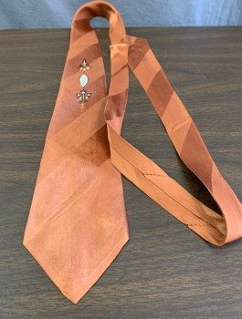 Mens, Tie, N/L, Rust Orange, Silk, Stripes - Diagonal , Self Stripe, Abstract Cream and Yellow Accent at Center, 3" Wide at Base, Four in Hand