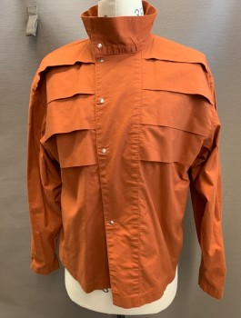 MTO, Rust Orange, Cotton, Solid, L/S, Stand Collar, Snap Close, Rows of Wide Horizontal Pleats Down Front and Back, Full Sleeves with Snaps at Cuffs