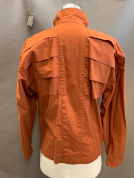 MTO, Rust Orange, Cotton, Solid, L/S, Stand Collar, Snap Close, Rows of Wide Horizontal Pleats Down Front and Back, Full Sleeves with Snaps at Cuffs