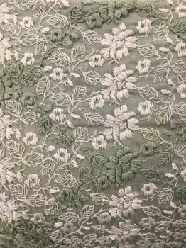 NL, Sage Green, Cream, Cotton, Floral, Embroidered Floral,Short Sleeves, Fitted Dress Pleated at Waist. Zipper at Left Side Seam.