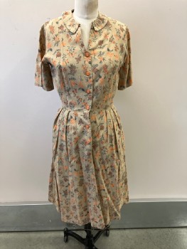 PRINCESS PEGGY, Multi-color, Beige, Orange, Brown, Gray, Cotton, Floral, Rounded C.A., S/S,  Orange B.F.placket, Pleated At Skirt, CB Pleats