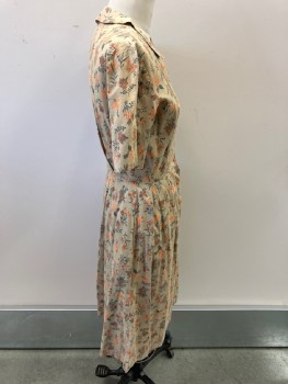 Womens, Dress, PRINCESS PEGGY, Multi-color, Beige, Orange, Brown, Gray, Cotton, Floral, W24, B34, Rounded C.A., S/S,  Orange B.F.placket, Pleated At Skirt, CB Pleats