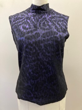 Womens, Sci-Fi/Fantasy Top, NO LABEL, Black, Purple, Metallic, Polyester, Abstract , B: 40, Burnout Textured Knit, Pullover,Mock Neck, Slvls