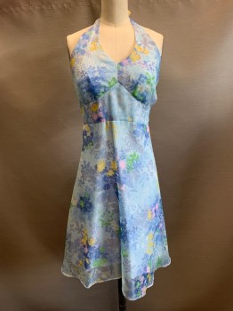 NO LABEL, Baby Blue, Blue, Yellow, Green, Pink, Floral, Halter Top with Neck Tie, V Neck, Back Zipper,