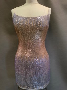 B. DARLIN, Blush Pink, Lilac Purple, Ice Blue, Sequins, Polyester, Speckled, Ombre, Spaghetti Strap, Round Neck, Full Sequins, Slip On,