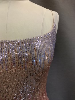 B. DARLIN, Blush Pink, Lilac Purple, Ice Blue, Sequins, Polyester, Speckled, Ombre, Spaghetti Strap, Round Neck, Full Sequins, Slip On,