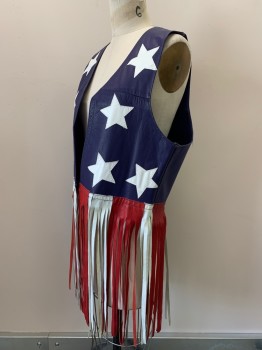 Womens, Leather Vest, NO LABEL, Blue, Red, White, Leather, Americana, M, Open Front, Star Patches, Long Fringe Trim,