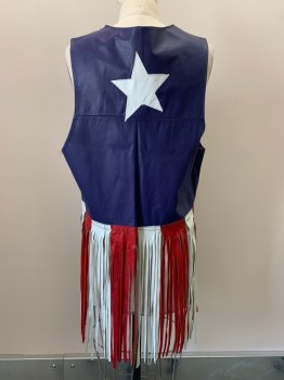 Womens, Leather Vest, NO LABEL, Blue, Red, White, Leather, Americana, M, Open Front, Star Patches, Long Fringe Trim,