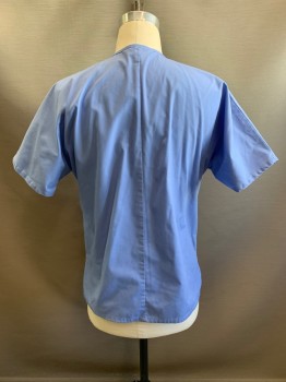 CHEROKEE, Lt Blue, Poly/Cotton, Solid, Pullover, V-neck, Self Stitching Along Neck, Short Sleeves, 2 Pockets,