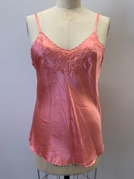 TOMOTE, Salmon Pink, Silk, Solid, Camisole Top, Spaghetti Strap, Scoop Neck, Embroiderred Flowers And Neckline