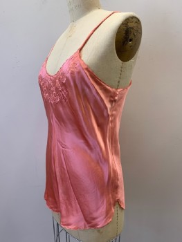 TOMOTE, Salmon Pink, Silk, Solid, Camisole Top, Spaghetti Strap, Scoop Neck, Embroiderred Flowers And Neckline