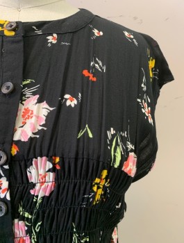 Womens, Dress, Sleeveless, FREE PEOPLE, Black, Multi-color, Rayon, Floral, S, Band Collar, Button Front, Slvls, Elastic Waist, Pink, Yellow, and Red Flowers