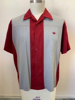 Steady, Red, Gray, Cotton, Color Blocking, S/S, Button Front, Collar Attached, Stitch Detail with Crown Embroiderred on Chest