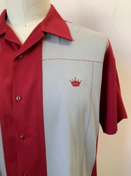Steady, Red, Gray, Cotton, Color Blocking, S/S, Button Front, Collar Attached, Stitch Detail with Crown Embroiderred on Chest