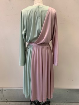 Jeanne Durrell, Lt Pink, Mint Green, Polyester, Solid, L/S, Crew Neck, Crossover, Elastic Waist Pants, Back Zipper, with Waist Belt