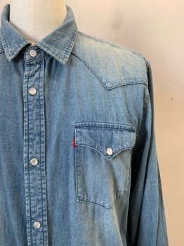 LEVI'S, Denim Blue, Cotton, Solid, L/S, Snap Button, Collar Attached, Chest Pockets