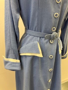 N/L, Lt Blue, White, Cotton, Solid, 2 Layer C.A, Sleeve,Cuffs And Faux Pkts,  L/S, B.F., With Coverred Btns, CB Pleats,  Matching Attached Belt