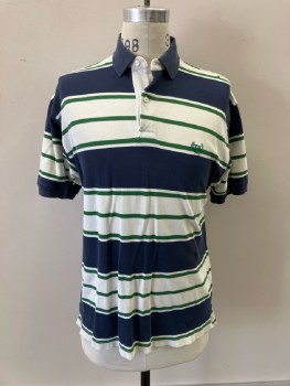 Mens, Polo Shirt, TOMMY HILFIGER, M, Navy/Green/White Horizontal Stripe, 2 Btns, Shorter In Front, Slit Sides