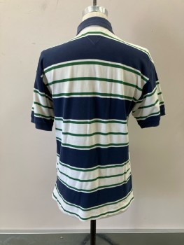 Mens, Polo Shirt, TOMMY HILFIGER, M, Navy/Green/White Horizontal Stripe, 2 Btns, Shorter In Front, Slit Sides