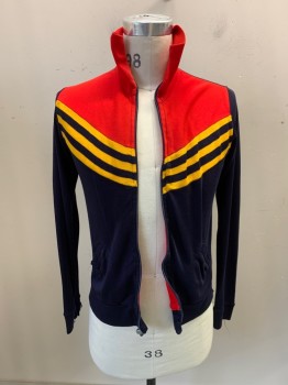Mens, Sweater, HY-SPORT, Red, Navy Blue, Goldenrod Yellow, Nylon, Color Blocking, 36, Turtle Neck, Zip Front, 2 Pockets,  Distressed Cuffs