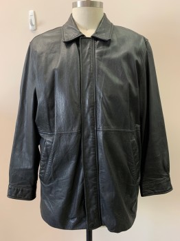 Mens, Leather Jacket, BOSTONIAN, Black, Leather, Solid, XL, L/S, Zip Front With Snap Buttons, Collar Attached, Side Pockets