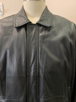 Mens, Leather Jacket, BOSTONIAN, Black, Leather, Solid, XL, L/S, Zip Front With Snap Buttons, Collar Attached, Side Pockets