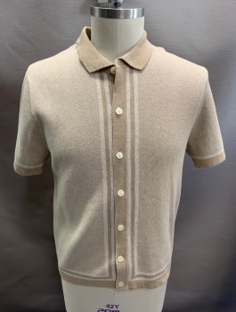 J CREW, Tan Brown, Off White, Cotton, Color Blocking, Heathered, S/S, CA, Button Front, Large Knit