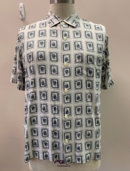 TOMMY BAHAMA, Gray, Dk Gray, White, Silk, Squares, S/S, Button Front, Collar Attached, Chest Pocket