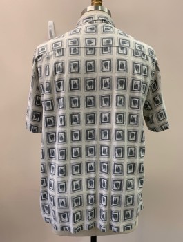 TOMMY BAHAMA, Gray, Dk Gray, White, Silk, Squares, S/S, Button Front, Collar Attached, Chest Pocket