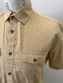 ALFANI, Tan Brown, Poly/Cotton, 2 Color Weave, S/S, Button Front, 2 Pockets With Button Flaps, Back Yolk With Darts, Chrome Buttons