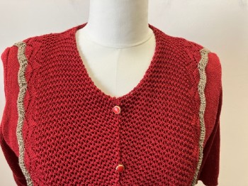 VIRIDIAN, Red Burgundy, Taupe, Acrylic, Solid, Openknit Bib with Taupe Trim, Gold & Red Button Detail On Bib, V-N, 3/4 Slv, Pullover, Diamond/cable Knit On Body