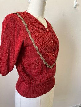 VIRIDIAN, Red Burgundy, Taupe, Acrylic, Solid, Openknit Bib with Taupe Trim, Gold & Red Button Detail On Bib, V-N, 3/4 Slv, Pullover, Diamond/cable Knit On Body