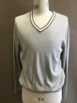 Mens, Pullover Sweater, BANANA REPUBLIC, Lt Gray, Gray, White, Cotton, Rayon, Solid, M, L/S, V-N, Gray/White Stripe Ribbed Knit Collar, Ribbed Knit Cuff/Waistband