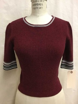 Womens, Pullover, Topshop, Red Burgundy, Black, White, Cotton, Nylon, Heathered, Stripes, 6, Short Sleeve,  Crew Neck, Stripes At Neck And Sleeves, Ribbed