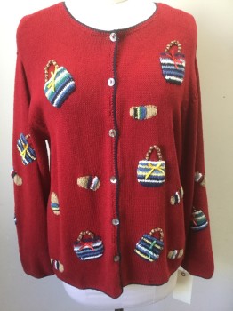 TALBOTS, Dk Red, Navy Blue, Multi-color, Cotton, Novelty Pattern, Barcode Back Neck, Knit Applique of Beach Bags and Slippers, Round Neck,  Long Sleeves, Button Front, Navy Edge Detail