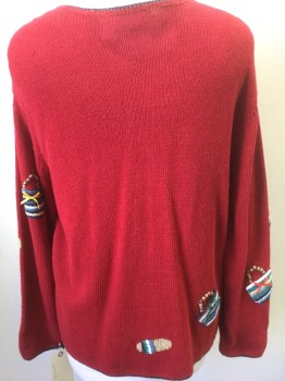 TALBOTS, Dk Red, Navy Blue, Multi-color, Cotton, Novelty Pattern, Barcode Back Neck, Knit Applique of Beach Bags and Slippers, Round Neck,  Long Sleeves, Button Front, Navy Edge Detail