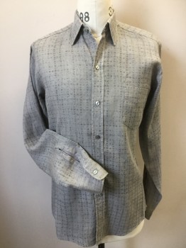 Mens, Shirt, MTO , Heather Gray, Dk Gray, Linen, Abstract , Diamonds, 35-36, 14.5, Heather Light Gray with Dark Gray Abstract & Faint Double Lines Diamond Print, Collar Attached, Button Front, 1 Pocket, Long Sleeves,