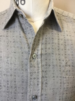 Mens, Shirt, MTO , Heather Gray, Dk Gray, Linen, Abstract , Diamonds, 35-36, 14.5, Heather Light Gray with Dark Gray Abstract & Faint Double Lines Diamond Print, Collar Attached, Button Front, 1 Pocket, Long Sleeves,