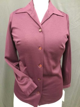 SEARS, Red Burgundy, Polyester, Solid, BLOUSE:  Burgundy, Collar Attached, Button Front, Long Sleeves, Spa