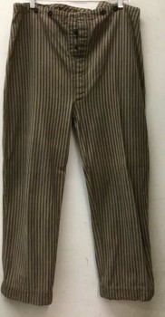 Lt Brown, Black, Cotton, Stripes - Vertical , Button Front, No Waistband, Very Deep Hem, Suspender Buttons On Outside Waist, Working Class,