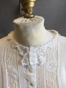NL, Cream, Cotton, Solid, Floral, Button Front Closure, Inlayed Lace Panel at Front, Both Sides, Elasticated Waist, Long Sleeves with Lace Trim Cuffs. Tiny Tuck Pleats at Yoke Line Front, Lace Trin Neckline with Unusual Button Flap at Neck,