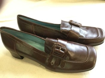 Womens, Shoes, HENRY FERRERA , Brown, Leather, Solid, 10.5, Loafers, Square Toe, Self Rectangular Buckle with Tab Details At Side Front, Chunky 2" High Heel,