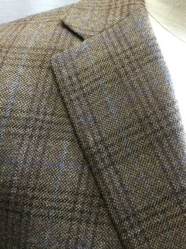 Mens, Sportcoat/Blazer, HART SCHAFFNER, Lt Brown, Brown, Lt Blue, Wool, Plaid, 44R, Single Breasted, Collar Attached, Notched Lapel, 3 Pockets, 2 Buttons